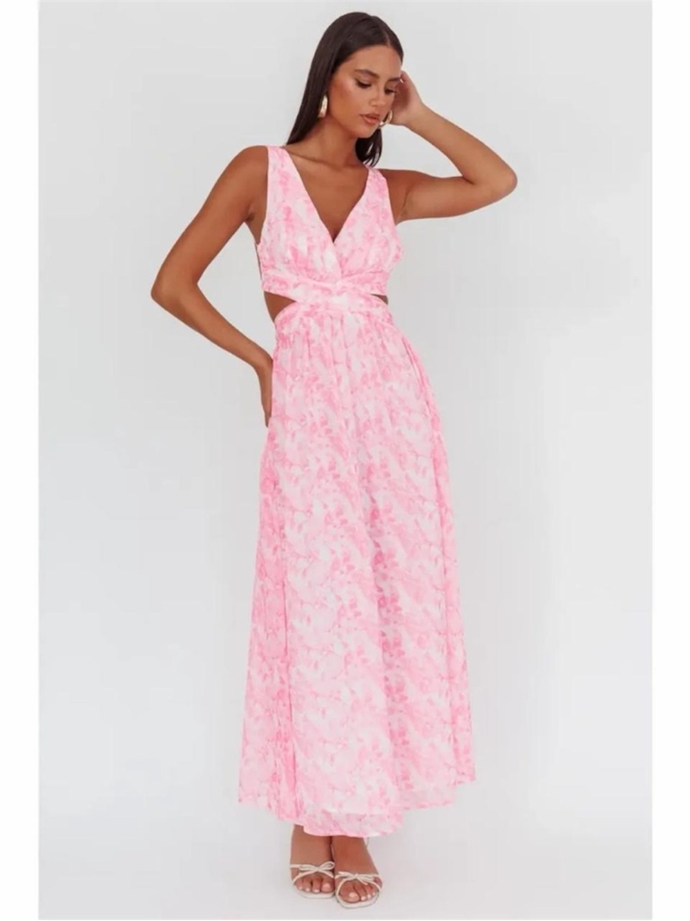 Pink Floral Chiffon Cut Out Strappy Back Maxi Dress Size Small